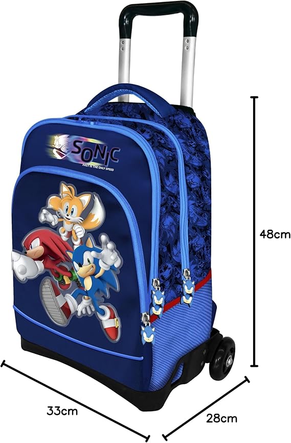 Zaino Trolley Sonic Scuola con 3 Zip Ruote e Carrello Originale