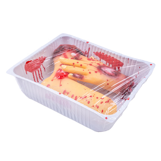 Vaschetta Macellaio Horror con Mano e Piede Mozzato in Lattice Decorazione Horror Halloween