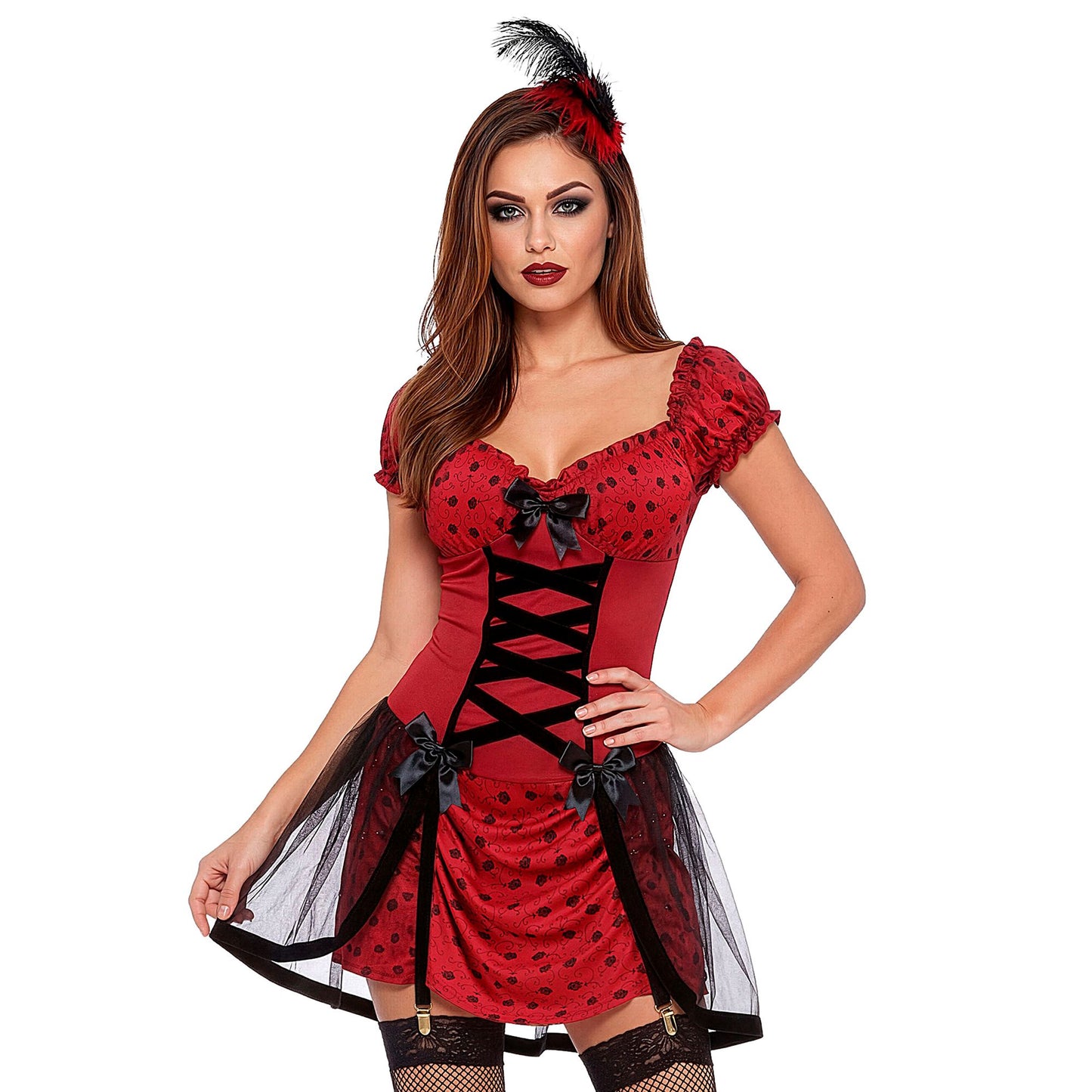Costume Cabaret Girl con Reggicalze e Pettine per Capelli con Piume 1