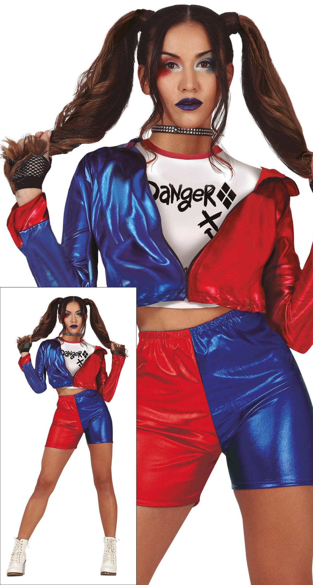Costume Adulta Giacca Maglia e Shorts Harley Quinn Joker Batman Cattiva Halloween