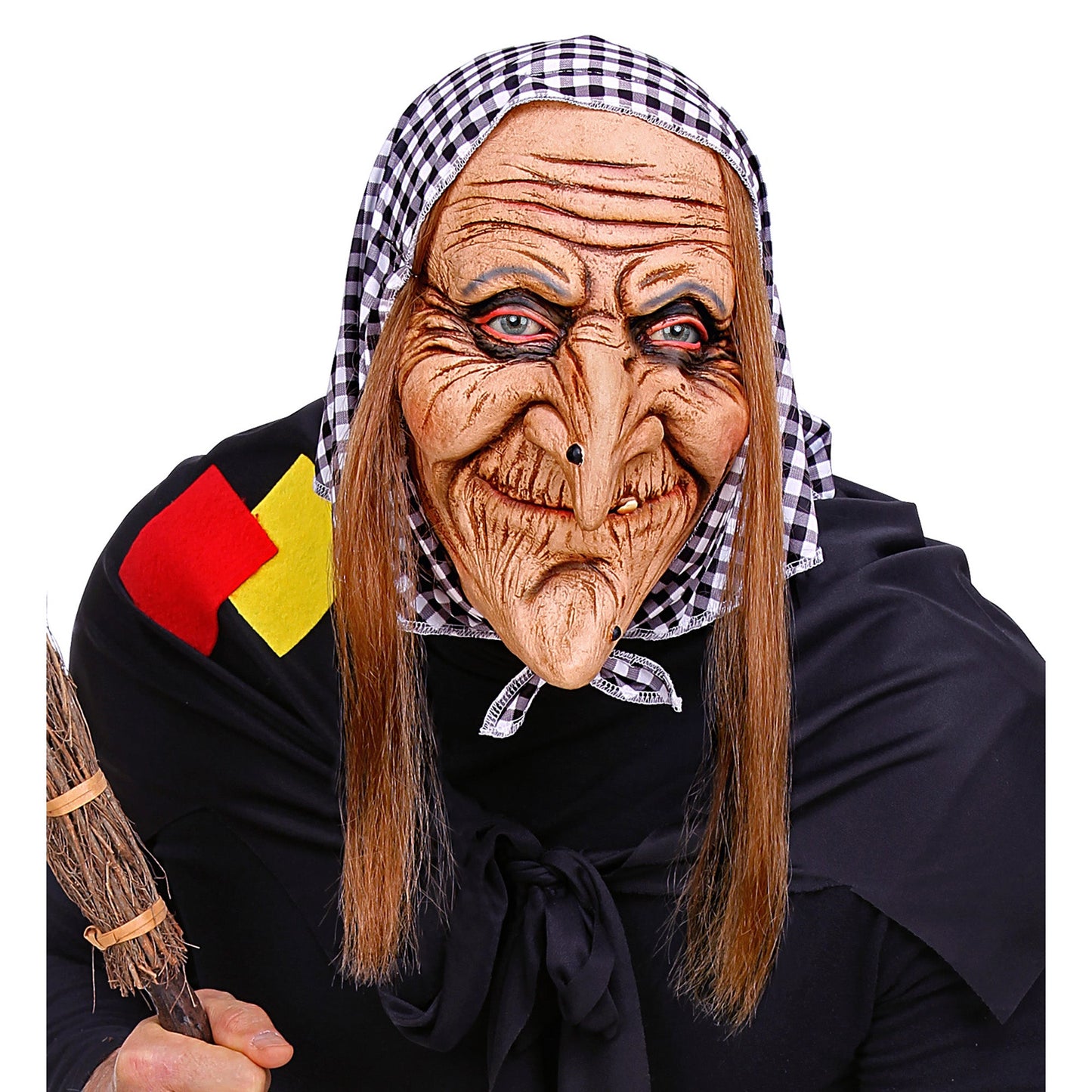 Maschera in Lattice da Befana Strega con Capelli e Foulard Anziana
