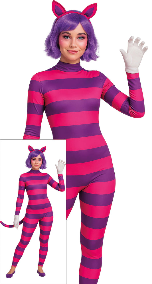 Costume Donna Stregatto Tuta Con Coda e Cerchietto Gatto Alice Nel Paese Delle Meraviglie
