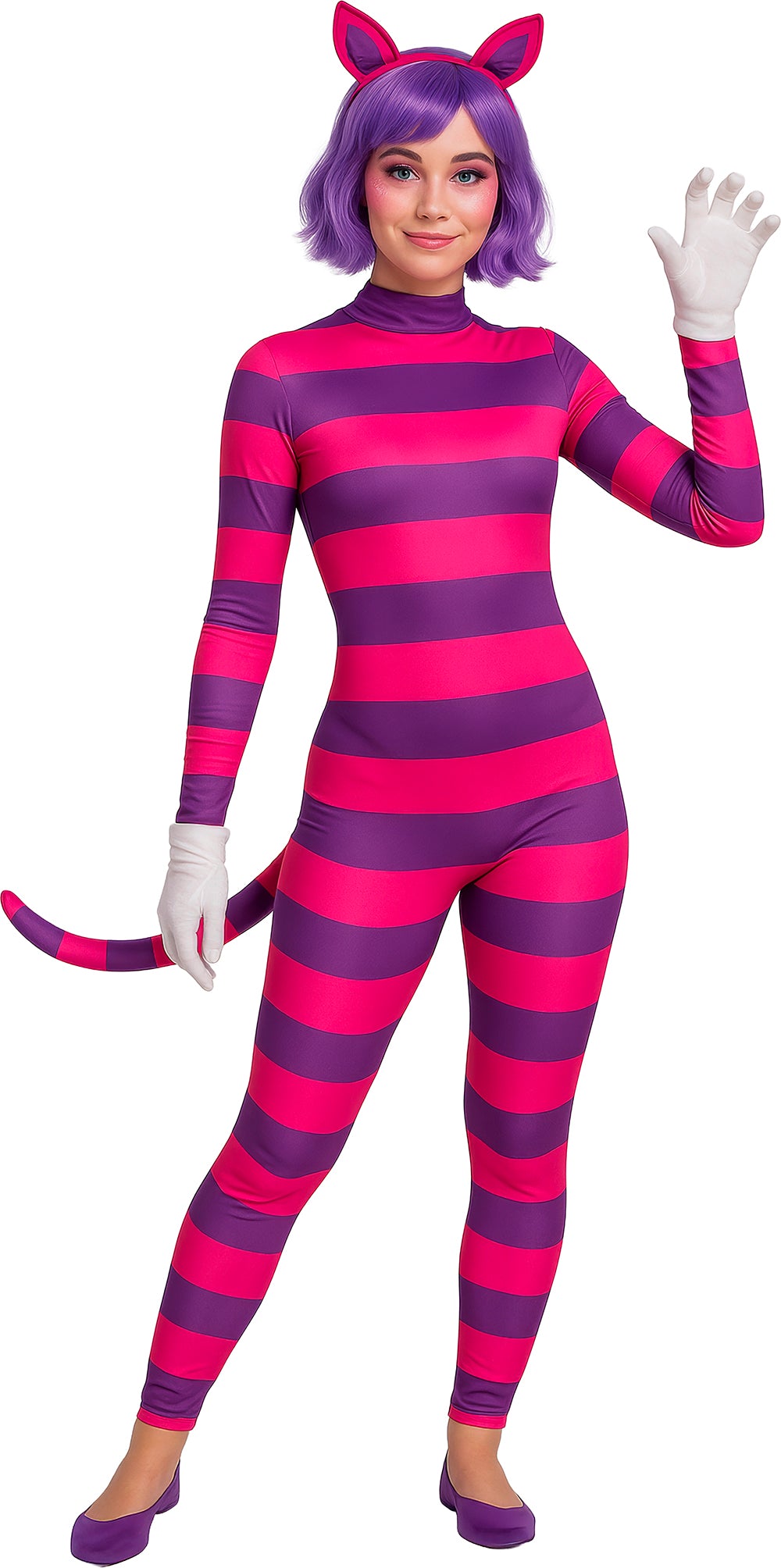 Costume Donna Stregatto Tuta Con Coda e Cerchietto Gatto Alice Nel Paese Delle Meraviglie