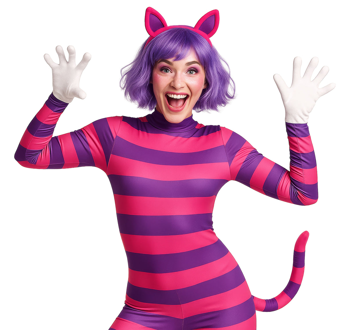 Costume Donna Stregatto Tuta Con Coda e Cerchietto Gatto Alice Nel Paese Delle Meraviglie