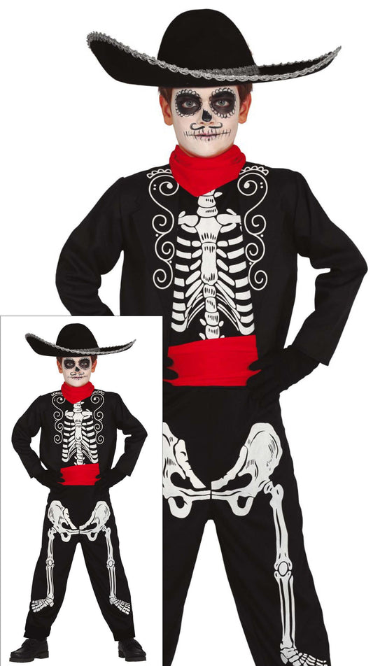 Costume Scheletro Mariachi con Chaqueta, Faja, Mono e Pañuelo 1