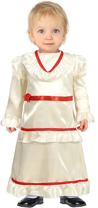 Costume Neonata Annabelle la Bambola Assassina Abito Raso con Dettagli Rossi