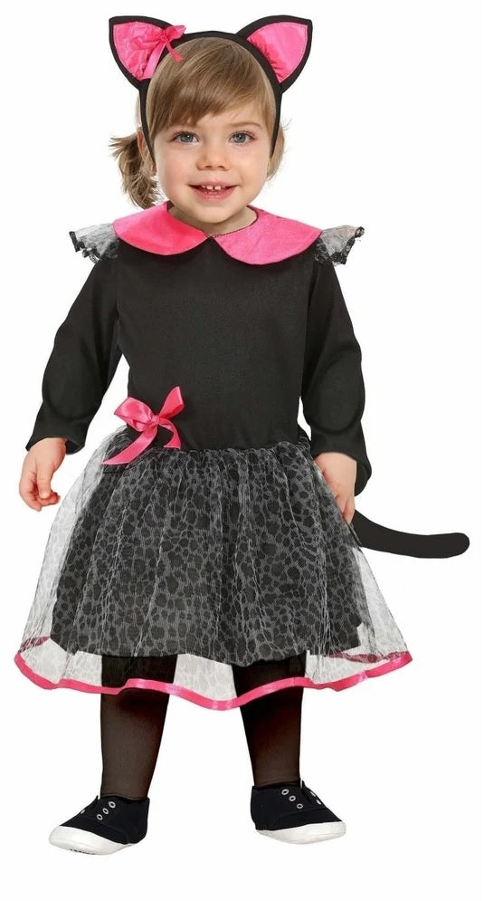 Costume Neonata Gattina Nera con Particolari in Rosa Abito e Cerchietto con Orecchie