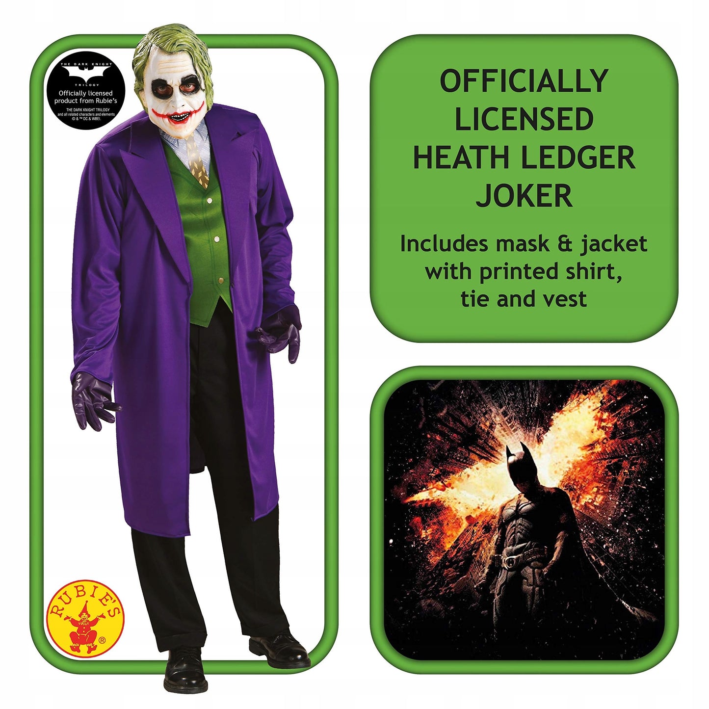 Costume Joker DC Adulto con Maschera in Lattice e Giacca con Interni Stampati Batman Cavaliere Oscuro