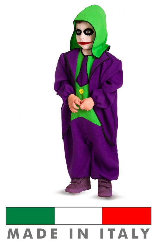 Costume Joker Neonato Tuta Intera Viola con Cuffia Verde Cattivo Batman Gotham