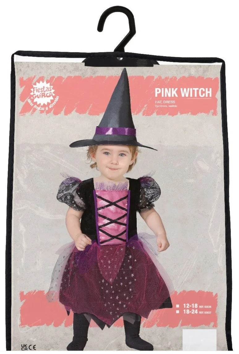 Costume Neonata Strega Rosa con Abito con Inserti in Tulle e Cappello