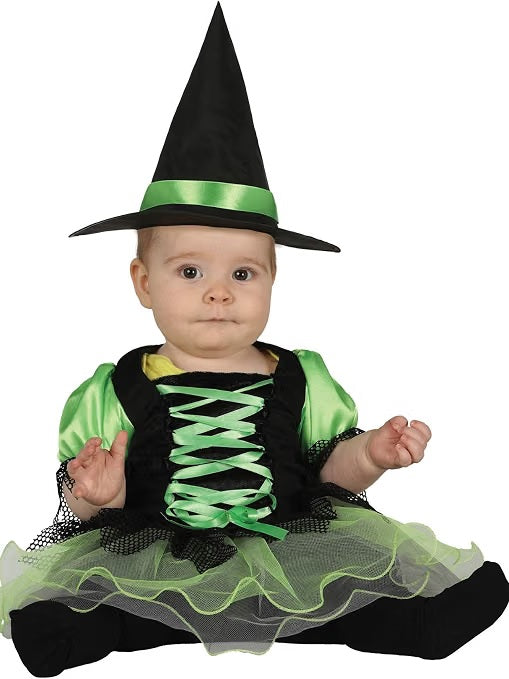 Costume Neonata da Strega Abito con Tutu e Cappello Nero con Dettagli Verdi