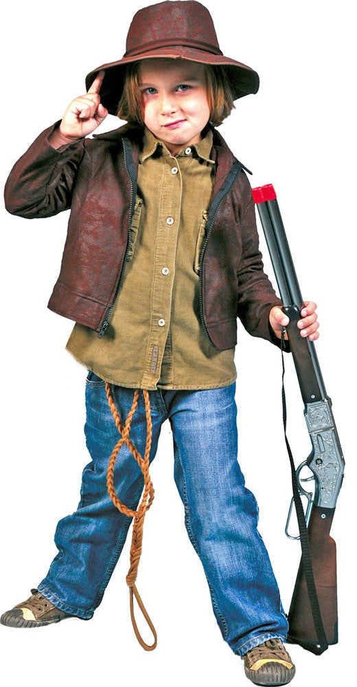 Costume Cowboy Indiana Jones Esploratore con Giacca Cappello e Frusta