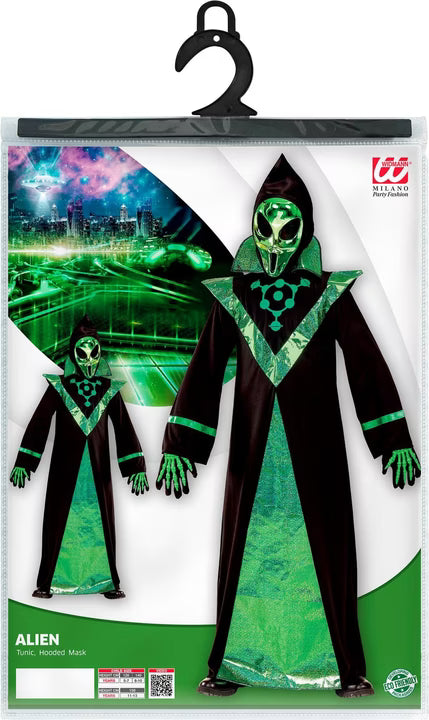 Costume Bambino Alieno Verde Tunica E Maschera Con Cappuccio Halloween