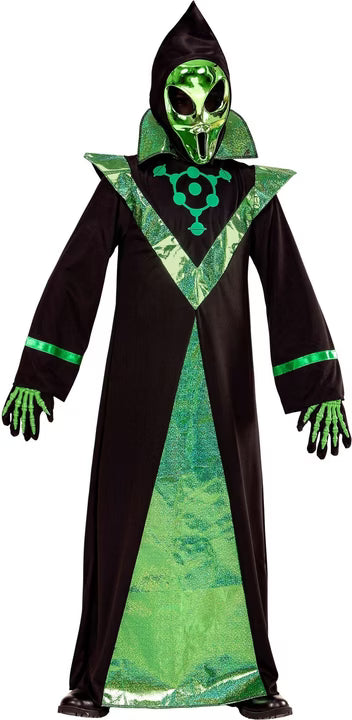 Costume Bambino Alieno Verde Tunica E Maschera Con Cappuccio Halloween