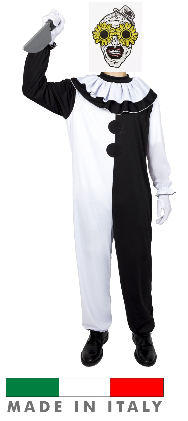 Costume Art Clown Terrificante Bianco e Nero Tuta Pagliaccio Horror Adulto