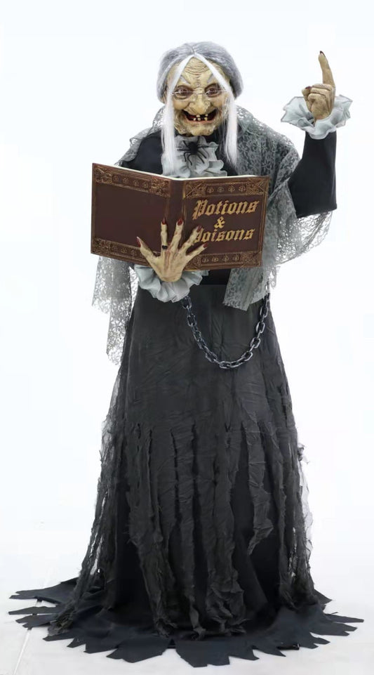 Anziana con Libro Horror con Luce Suono e Movimento Animatronica alto 1