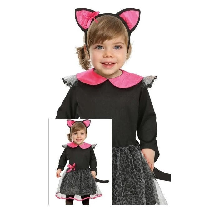 Costume Neonata Gattina Nera con Particolari in Rosa Abito e Cerchietto con Orecchie