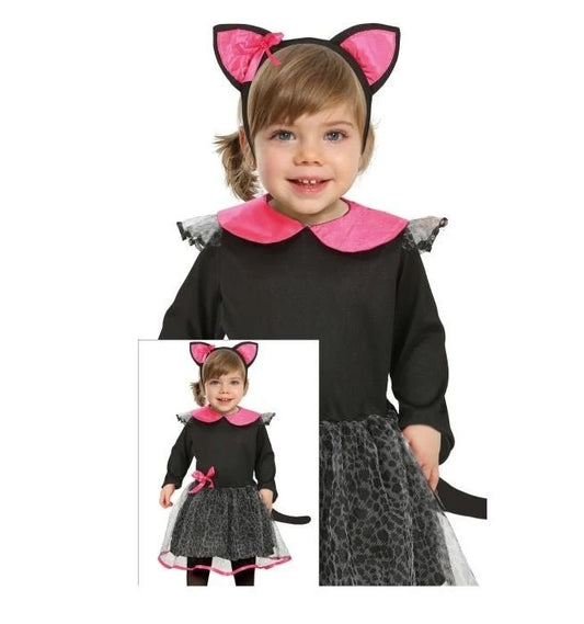 Costume Neonata Gattina Nera con Particolari in Rosa Abito e Cerchietto con Orecchie