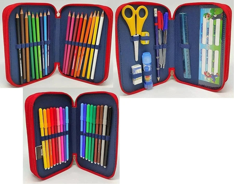 Astuccio 3 Zip Super Mario e Luigi Originale Nintendo Completo 46 Pezzi Scuola