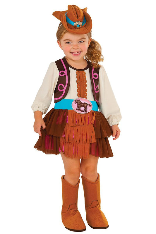 Costume Cowgirl Wild West Abito con Gilet Cintura Cappello e Copriscarpe