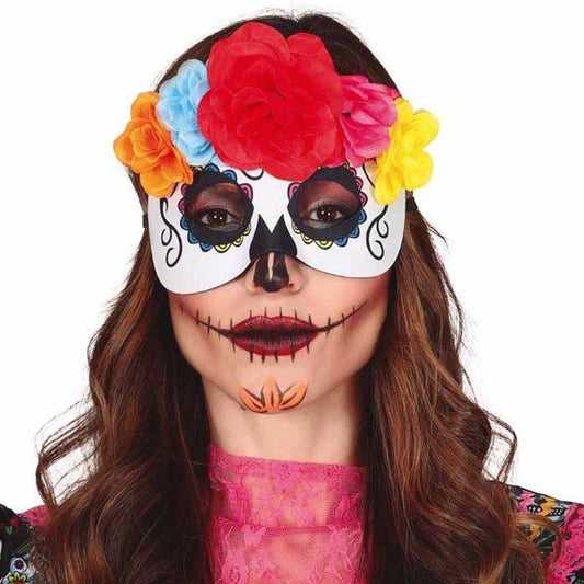 Maschera Mezzo Volto Catrina Morte Messicana con Fiori Colorati Maschera Catrina