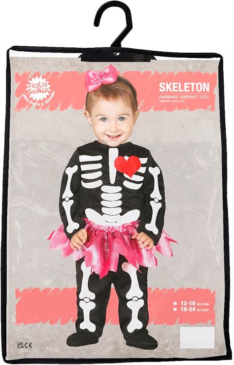 Costume Neonata Scheletro Tutone con Gonnellina e Cerchietto con Fiocco Rosa