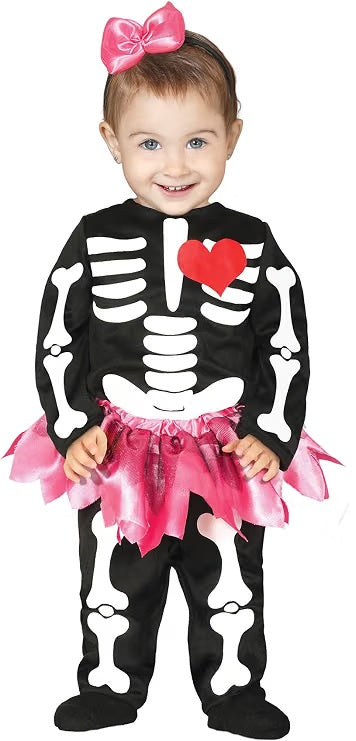 Costume Neonata Scheletro Tutone con Gonnellina e Cerchietto con Fiocco Rosa