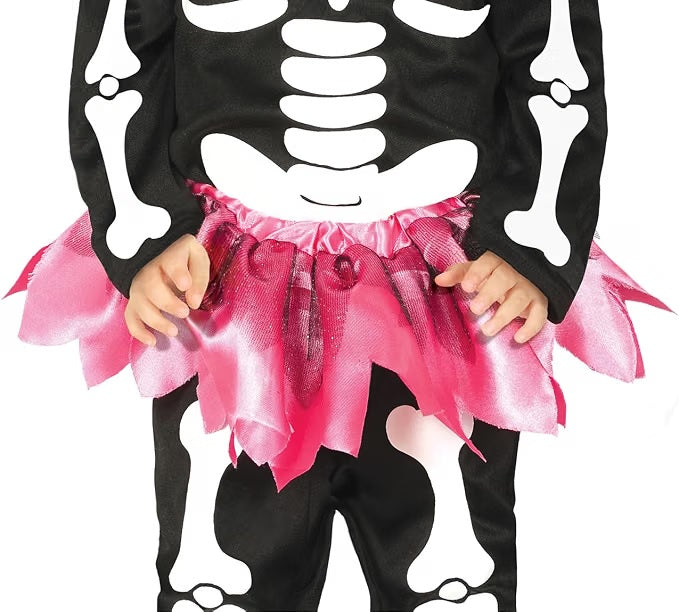Costume Neonata Scheletro Tutone con Gonnellina e Cerchietto con Fiocco Rosa