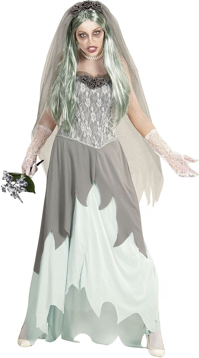 Costume Donna Sposa Zombie Vestito Velo e Bouquet Di Fiori Halloween