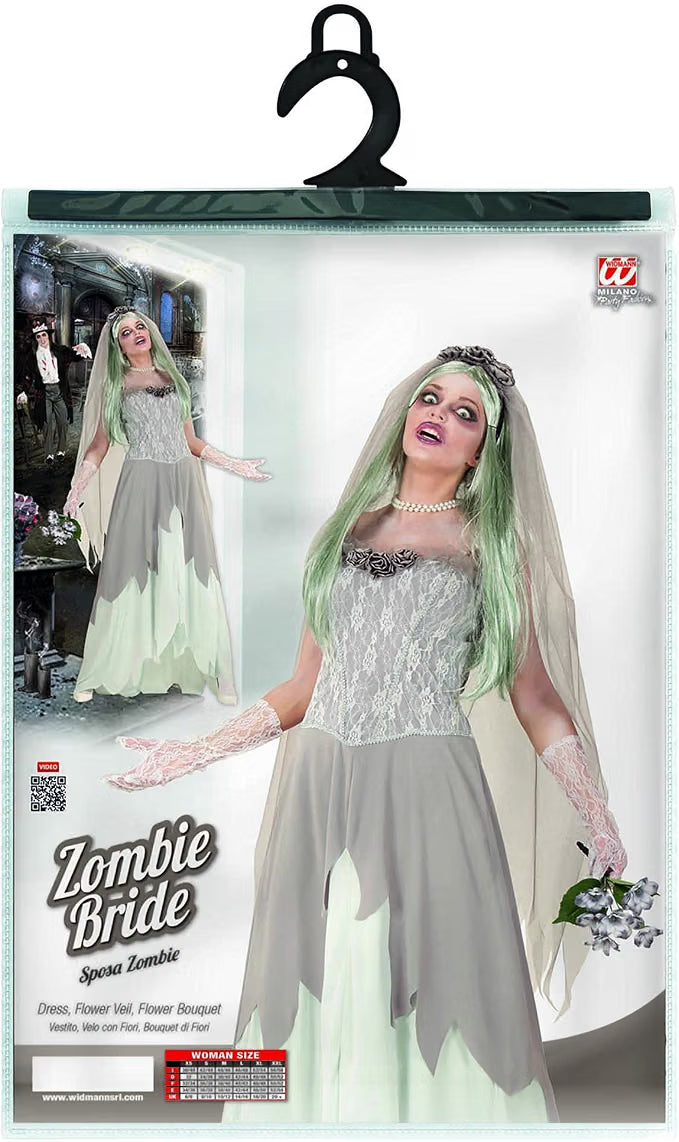 Costume Donna Sposa Zombie Vestito Velo e Bouquet Di Fiori Halloween