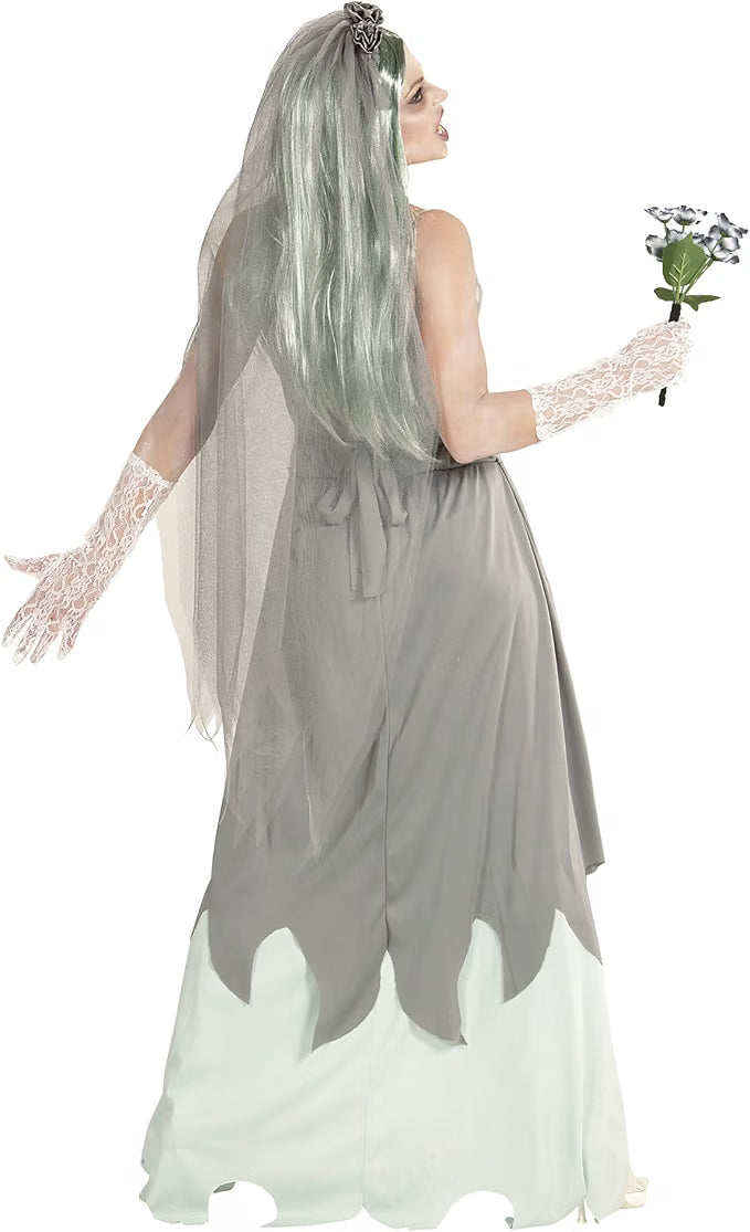 Costume Donna Sposa Zombie Vestito Velo e Bouquet Di Fiori Halloween