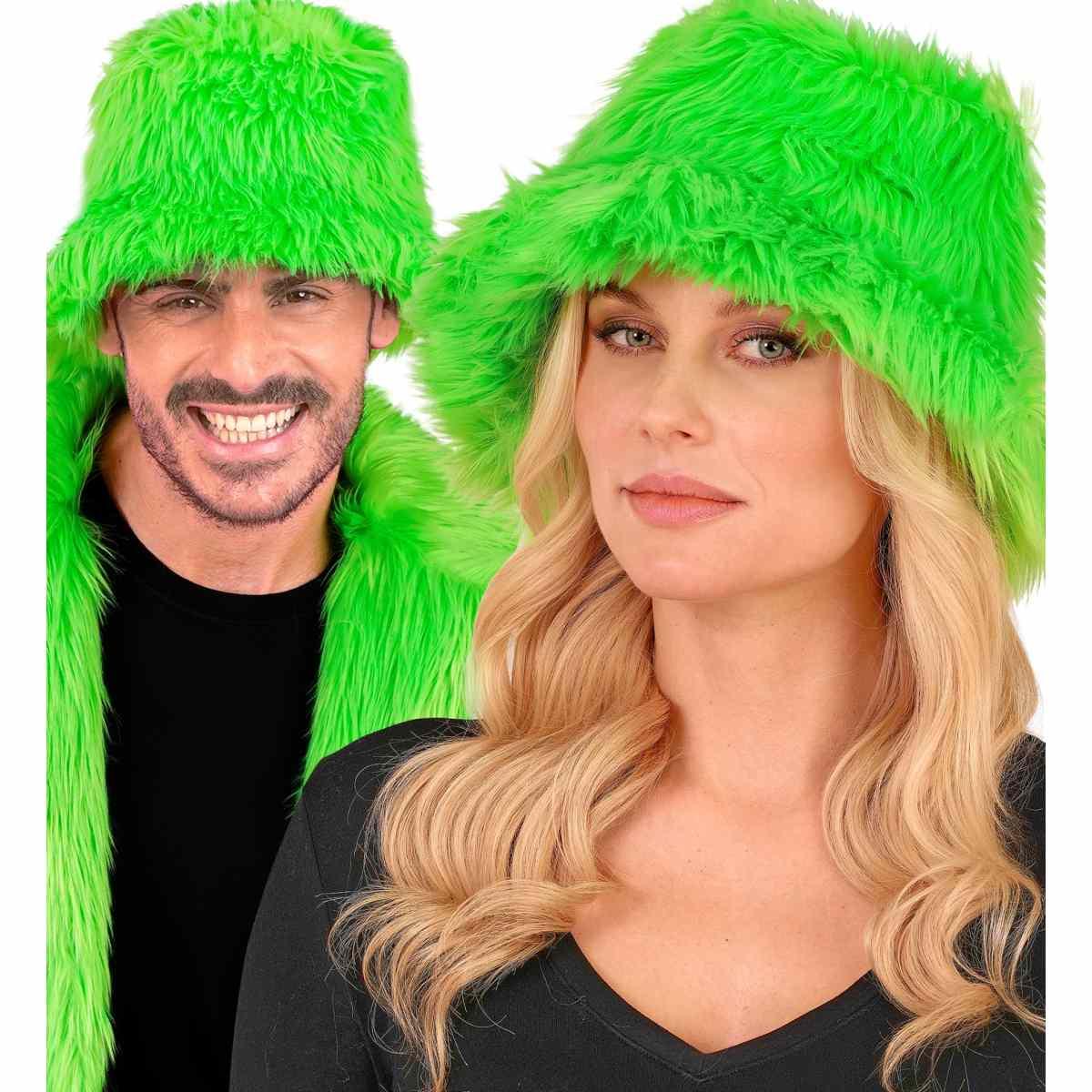 Cappello Pescatore Peluche Fluffy Secchiello con Visiera Verde Fluo Unisex