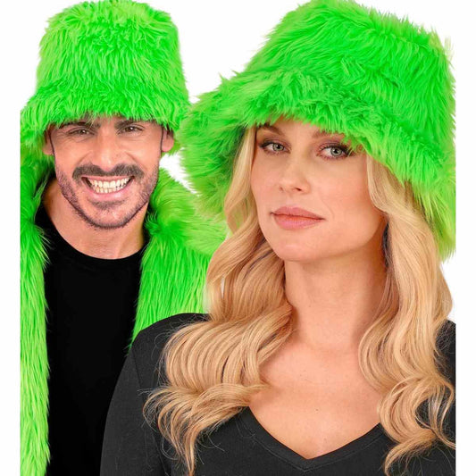 Cappello Pescatore Peluche Fluffy Secchiello con Visiera Verde Fluo Unisex