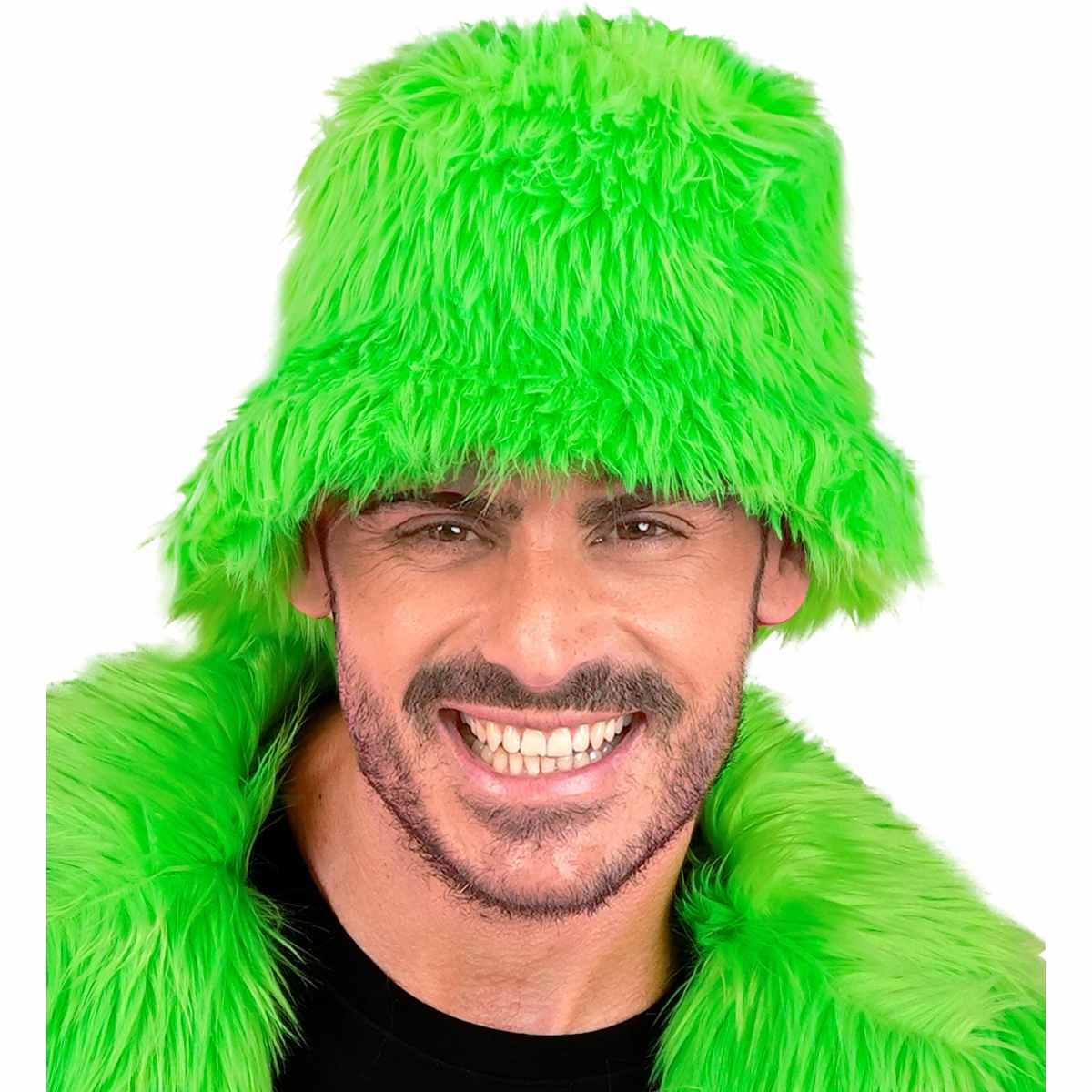 Cappello Pescatore Peluche Fluffy Secchiello con Visiera Verde Fluo Unisex