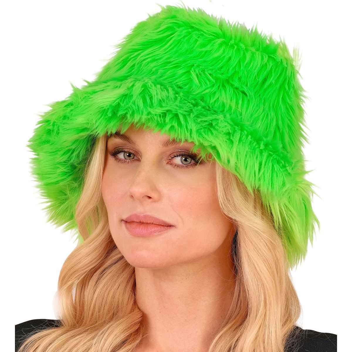 Cappello Pescatore Peluche Fluffy Secchiello con Visiera Verde Fluo Unisex