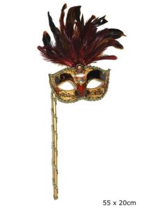 Maschera per Occhi Veneziana Dorata con Piume e Bastoncino