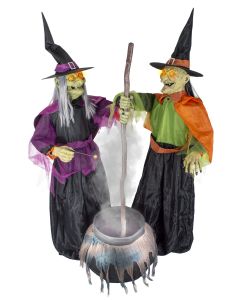 Due Streghe con Calderone Horror con Luce Suono e Movimento Animatronica alto 1,80m